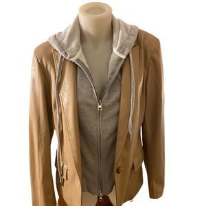 Evereve Vegan blazer -S tan , gray sweatshirt insert , NWT ,